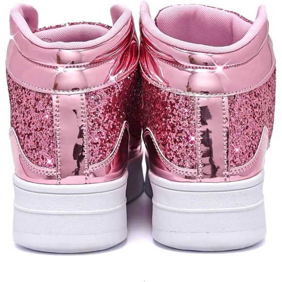 Women's Pink Shiny Glitter Sequin Shoes High Top Sneakers Fashion Bling - Picture 5 of 6